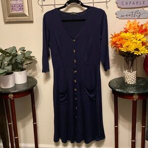 Lyrur Navy Blue Dress Sz Med. Pullover w/Pretty front buttons. Has two pockets.